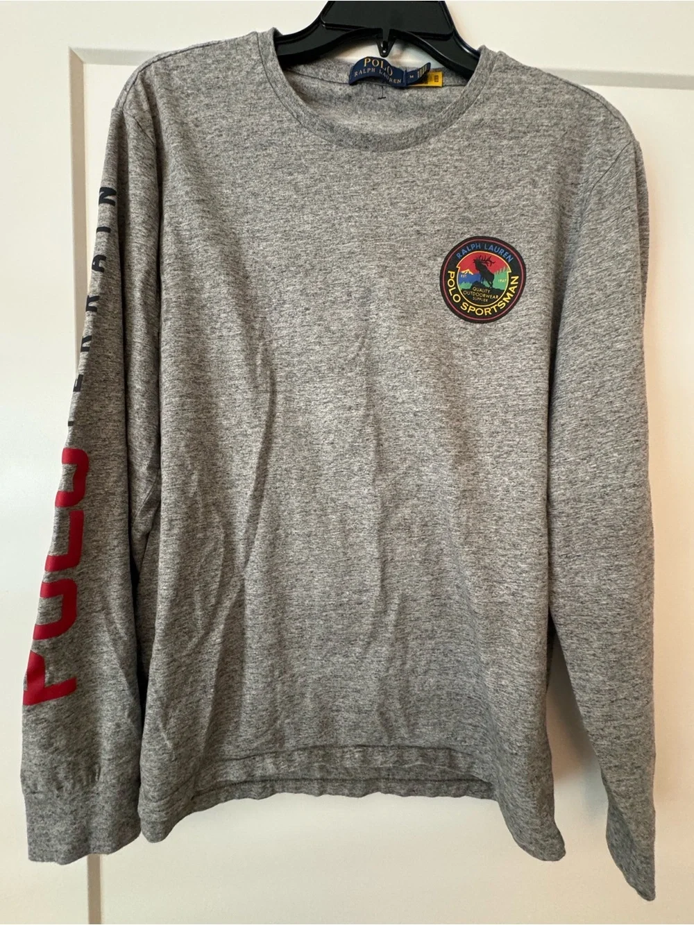 Polo Ralph Lauren Gray Crewneck T Shirt with Red Sleeve Graphics Size M
